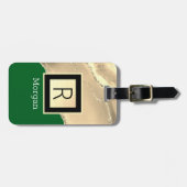Étiquette À Bagage Or Agare, nom blanc & monogramme noir, Vert (Devant horizontal)