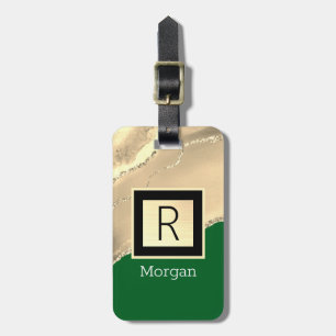 Étiquette À Bagage Or Agare, nom blanc & monogramme noir, Vert