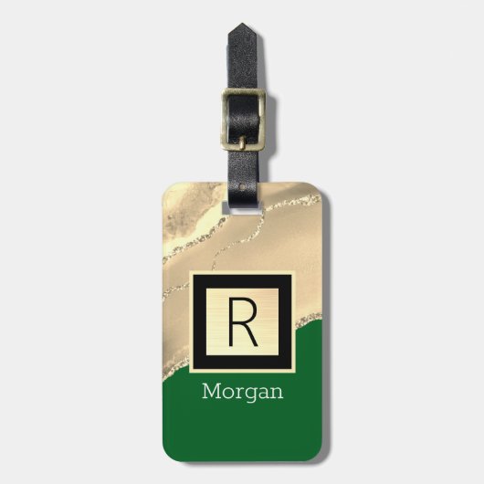 Étiquette À Bagage Or Agare, nom blanc & monogramme noir, Vert (Devant Vertical)