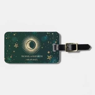 Étiquette À Bagage Or Céleste Soleil Et Lune Étoiles Vert