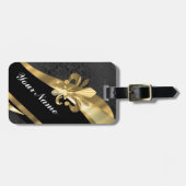 Étiquette À Bagage Or fleur de lys sur le noir (Devant horizontal)