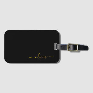 Étiquette À Bagage Or Girly Script Monogramme Nom Moderne en Or Noir