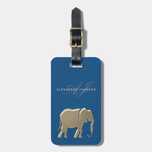 Étiquette À Bagage Or Monogramme Éléphant Bleu Or (Devant Vertical)