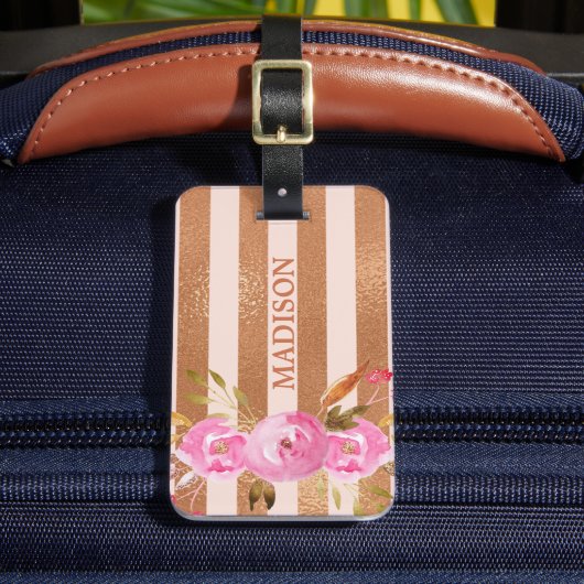 Étiquette À Bagage Or Monogrammé Fleur Florale Rayée (Insitu Rectoal 2)