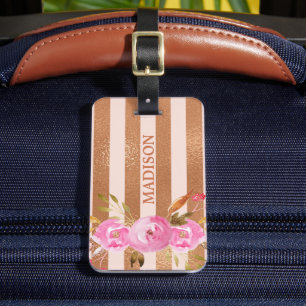 Étiquette À Bagage Or Monogrammé Fleur Rose Gold Rayé