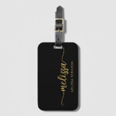 Étiquette À Bagage Or Noir Féminin Monogramme Nom Signature Script (Devant Vertical)