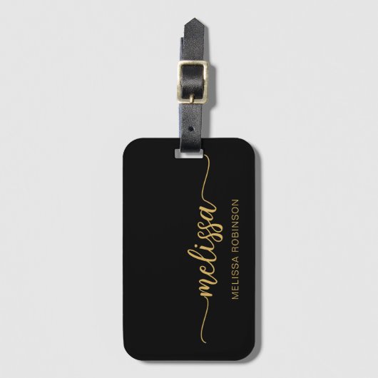 Étiquette À Bagage Or Noir Féminin Monogramme Nom Signature Script (Devant Vertical)