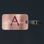 Étiquette À Bagage Or rose et monogramme balayé par Bourgogne en<br><div class="desc">Or rose - rougissent nom de monogramme balayé par Marsala de feuille métallique de rose et de Bourgogne et étiquette initiale de bagage. Cette étiquette de sac est parfaite pour de nouveau à l'école,  le travail,  ou le déplacement.</div>