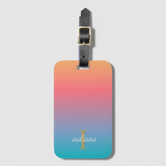 Étiquette À Bagage Orange Blue Ombre Moderne Monogramme Script (Devant Vertical)