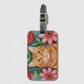 Étiquette À Bagage Orange Cat Folk Art Flowers (Devant Vertical)