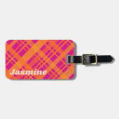 Étiquette À Bagage Orange magenta plaid motif nom personnalisé (Devant horizontal)