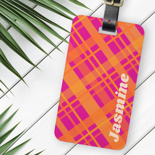 Étiquette À Bagage Orange magenta plaid motif nom personnalisé