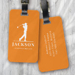 Étiquette À Bagage Orange Personnalisé Monogram Golfer<br><div class="desc">Ce design est composé d'un golfeur qui balance un club et de deux champs de texte que vous pouvez utiliser pour le personnaliser - peut-être avec un nom et une équipe de golf ou un club.</div>
