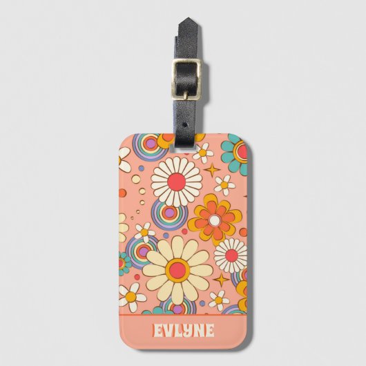 Étiquette À Bagage Orange rose rose rétro Super Floral tendance (Devant Vertical)