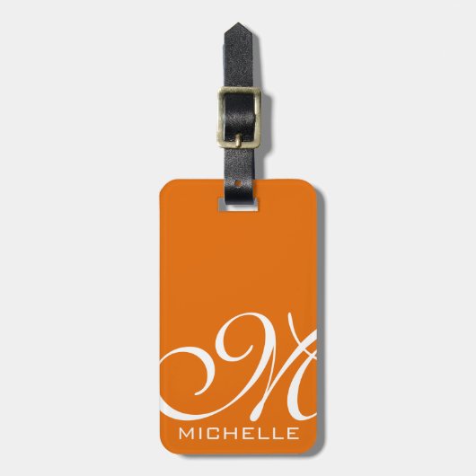 Étiquette À Bagage Orange Script Monogramme (Devant Vertical)