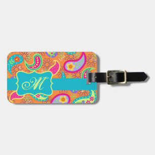 Étiquette À Bagage Orange Turquoise Moderne Paisley Motif Monogramme