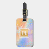 Étiquette À Bagage Orange violet or abstrait aquarelle monogramme (Devant Vertical)