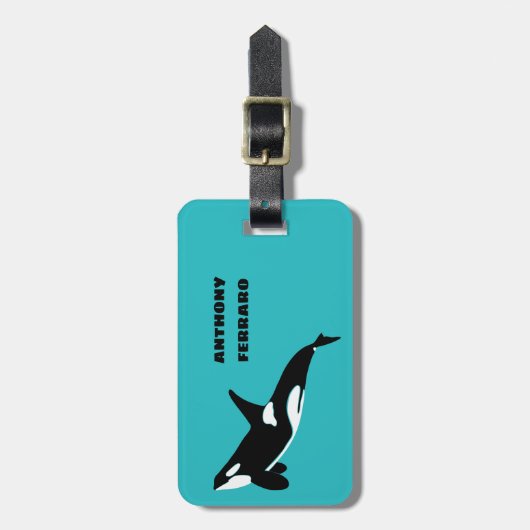 Étiquette À Bagage Orcas Tueur Baleines Turquoise Bleu Personnalisé (Devant Vertical)