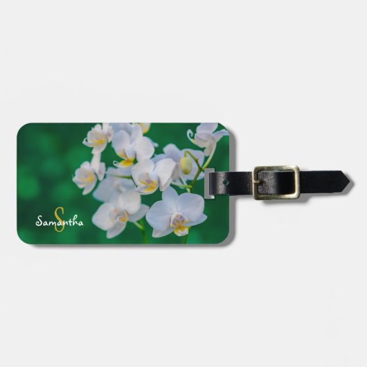 Étiquette À Bagage Orchidées blanches sur fond vert (Devant horizontal)