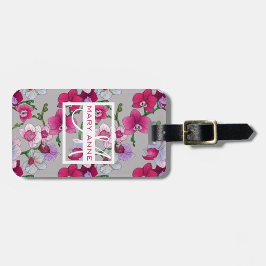 Étiquette À Bagage Orchidées roses dans le monogramme de la fleur | (Devant horizontal)