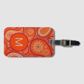 Étiquette À Bagage Ornate Orange Paisley Pattern Monogram (Devant Horizontal)