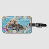 Étiquette À Bagage Otter Nager dans les fleurs (Devant Horizontal)