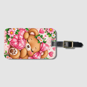 Étiquette À Bagage Ours en peluche adorable avec nœud rose et cœurs