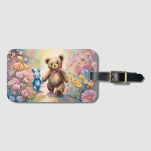 Étiquette À Bagage Ours en peluche et lapin dans un jardin pastel