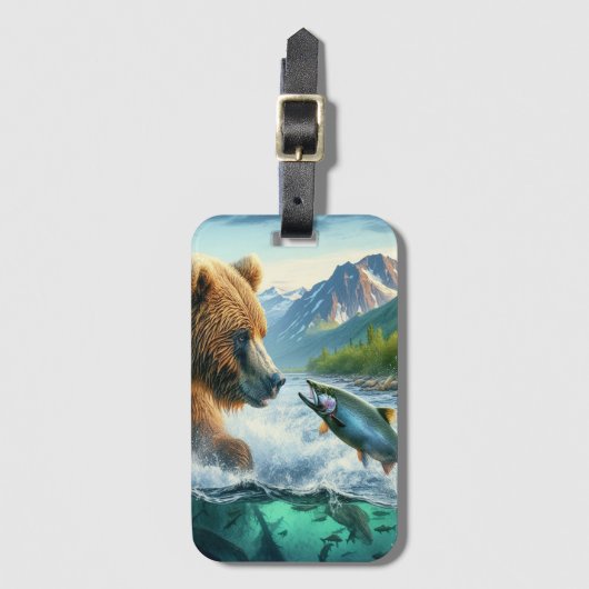 Étiquette À Bagage Ours grizzlis avec saumon à truite arc-en-ciel (Devant Vertical)