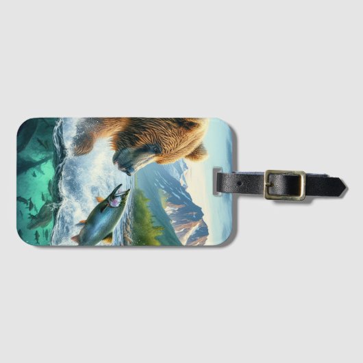 Étiquette À Bagage Ours grizzlis avec saumon à truite arc-en-ciel (Devant Horizontal)