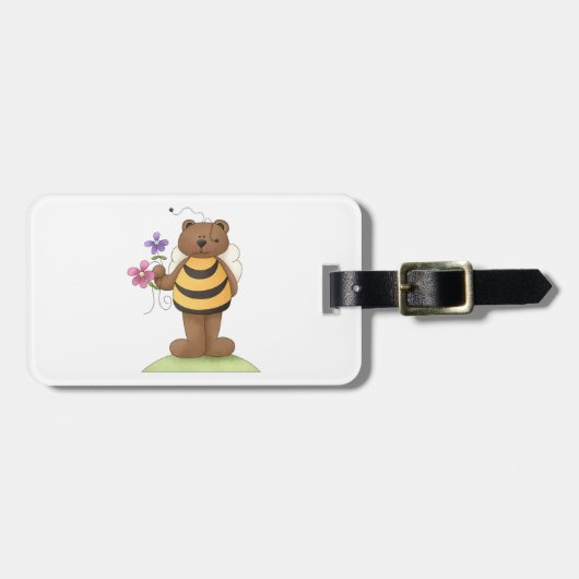 Étiquette À Bagage Ours habillé en Bumblebee avec Fleurs (Devant horizontal)