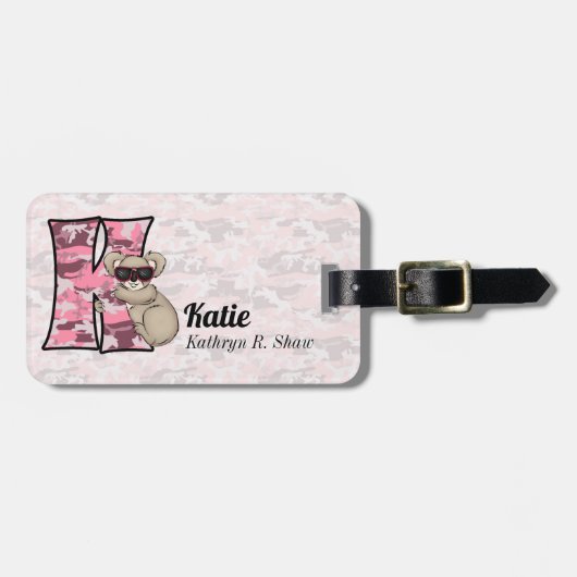 Étiquette À Bagage Ours Koala rose en Camouflage Fuax pour filles (Devant horizontal)