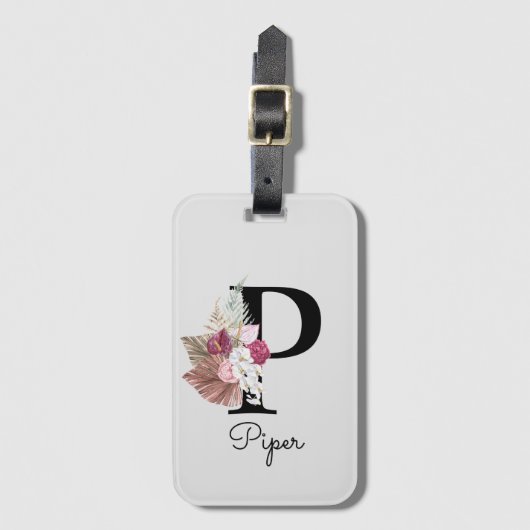 Étiquette À Bagage P Initiale Florale Bohème Rose Brodé (Devant Vertical)