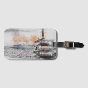 Étiquette À Bagage Pagode japonaise et Fuji à l'aquarelle