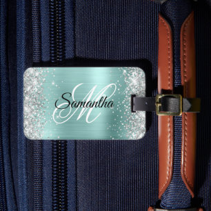 Étiquette À Bagage Pailleté Argent Turquoise Pâle Feuille Monogramme