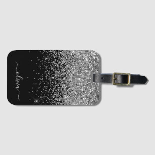 Étiquette À Bagage Pailleté Fille Noir Argent Monogramme Nom