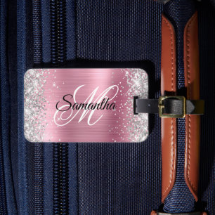 Étiquette À Bagage Paillettes Argent Rose Clair Monogramme Feuille de