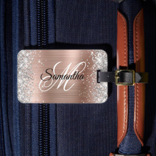 Étiquette À Bagage Paillettes Argentées Rose Doré Brillante Feuille