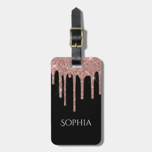 Étiquette À Bagage Paillettes de rose gold, Nom & Info sur fond noir