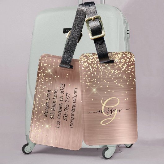 Étiquette À Bagage Paillettes dorées, monogramme doré, nom en script