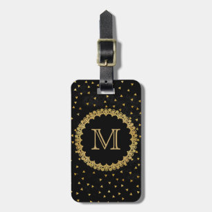 Étiquette À Bagage Paillettes noires et dorées Monogramme élégant