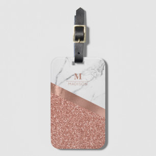 Étiquette À Bagage Paillettes Rose Féminin Marbre Monogramme