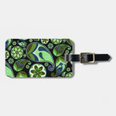 Étiquette À Bagage Paisley bleu et vert sur le noir (Devant horizontal)