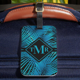 Étiquette À Bagage Palme noir turquoise monogramme