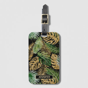 Étiquette À Bagage Palme Tropicale Exotique Feuilles Faux Gold Nom de