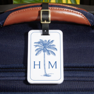 Étiquette À Bagage Palmier bleu et blanc Monogramme de palmier