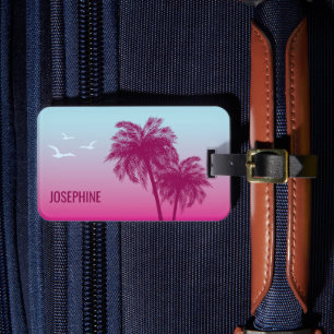 Étiquette À Bagage Palmier Rose Tropical Eté Et Nom Personnalisé