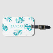 Étiquette À Bagage Palmier tropical bleu turquoise feuille motif (Devant Horizontal)