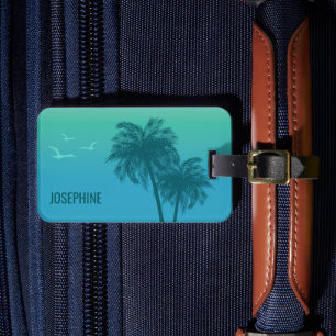 Étiquette À Bagage Palmiers Et Oiseaux Tropicaux Été Bleu Aqua