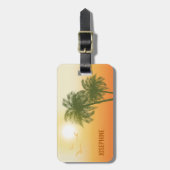 Étiquette À Bagage Palmiers Tropicaux Orange Soleil Et Vert Avec Text (Devant Vertical)